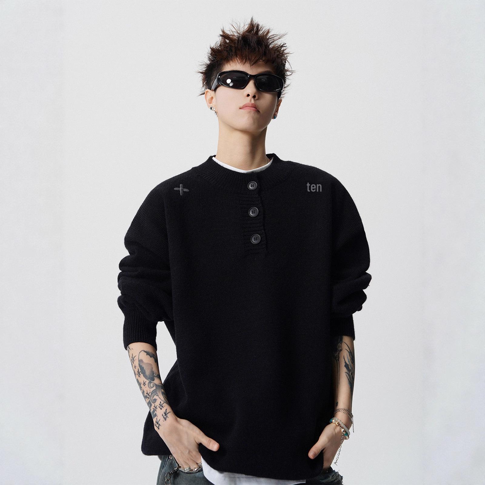 Men s Heavyweight Henley Sweater with Cross Embroidery - Trendy Winter Knitwear XL чёрный