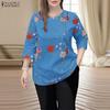 Women Casual Round Neck 3/4 Sleeve Loose Floral Print Blouse