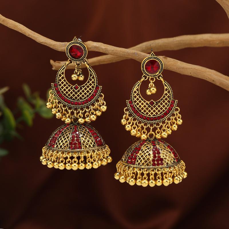 Women Indian Ethnic Earrings Femmes Vintage Hollow Crystal Lantern Tassel Drop Earring