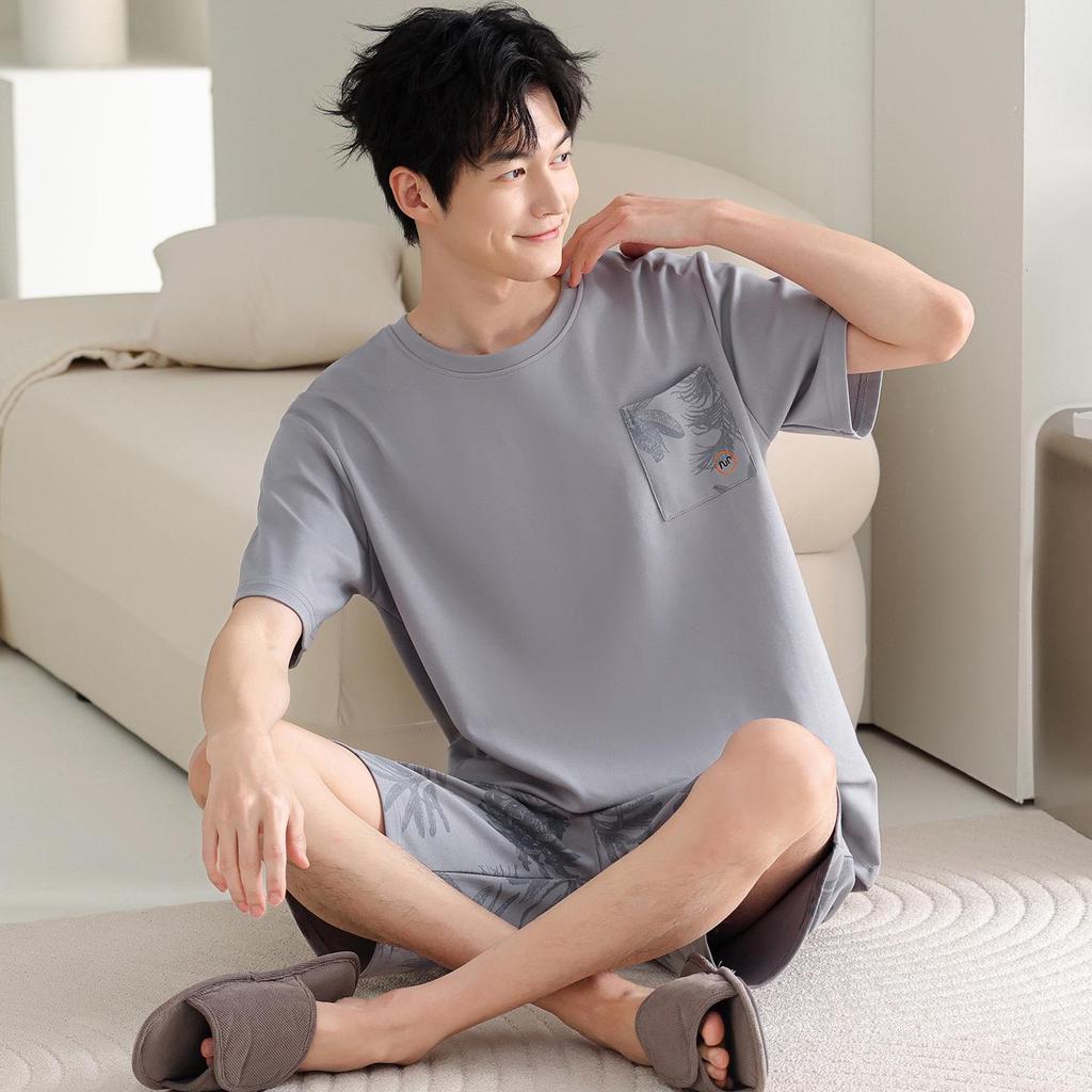 Men's 100% Cotton Short Sleeve Pajama Set - Summer Lightweight, Wearable Outdoors, Ideal for Teens