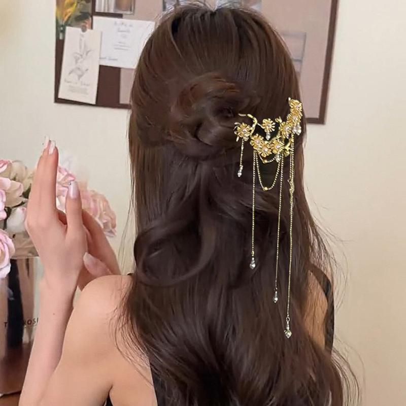 Chinese Hanfu Hair Accessories For Women Floral Tassel Hair Forks Traditional Bride Hairpin Vintage Headdress