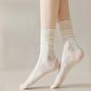 White Socks for Women, Black Ear-trimmed Pile Socks, Thin Lace Lace Mid-calf Socks, Versatile for Spring and Summer, Mesh Breathable Women's Socks
