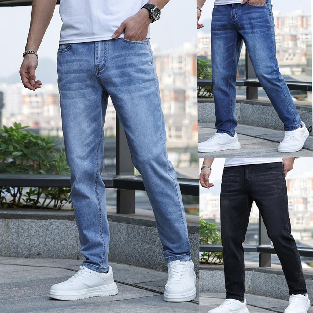 Men's Casual Small Straight Jeans Pants Fashion Wide Leg Pants Color Jeans