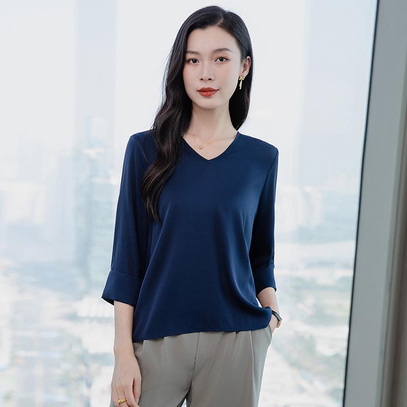 2025 Spring Women's V-Neck Mulberry Silk Blouse - Solid Color, Loose Fit