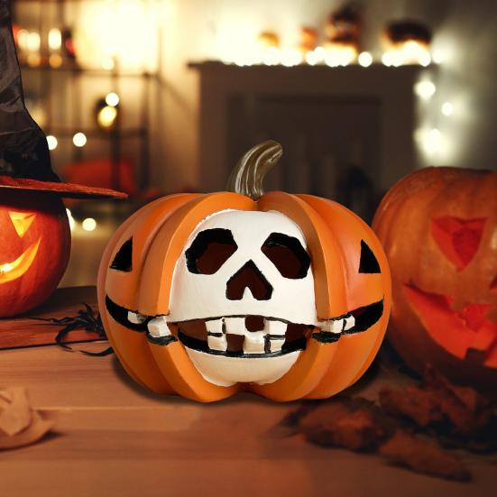 Halloween Pumpkin Statue Spooky Skull Pumpkin Sculpture Resin Tabletop Ornament