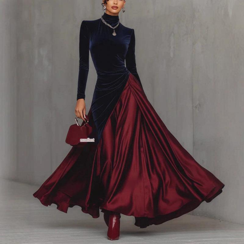 European Style Elegant Patchwork Velvet High-Neck Dress with Large Hem for Spring 2026. S красный