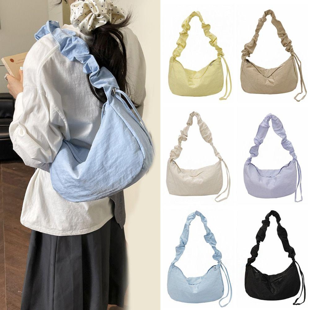 Solid Color Pleated Shoulder Bag Lightweight Canvas Dumpling Bag Nylon Crossbody Bag Ladies/Girls