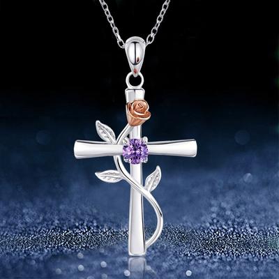 Necklace, Romantic Cross Rose Wrapped Personalized Zircon Pendant, Color Separation Electroplating