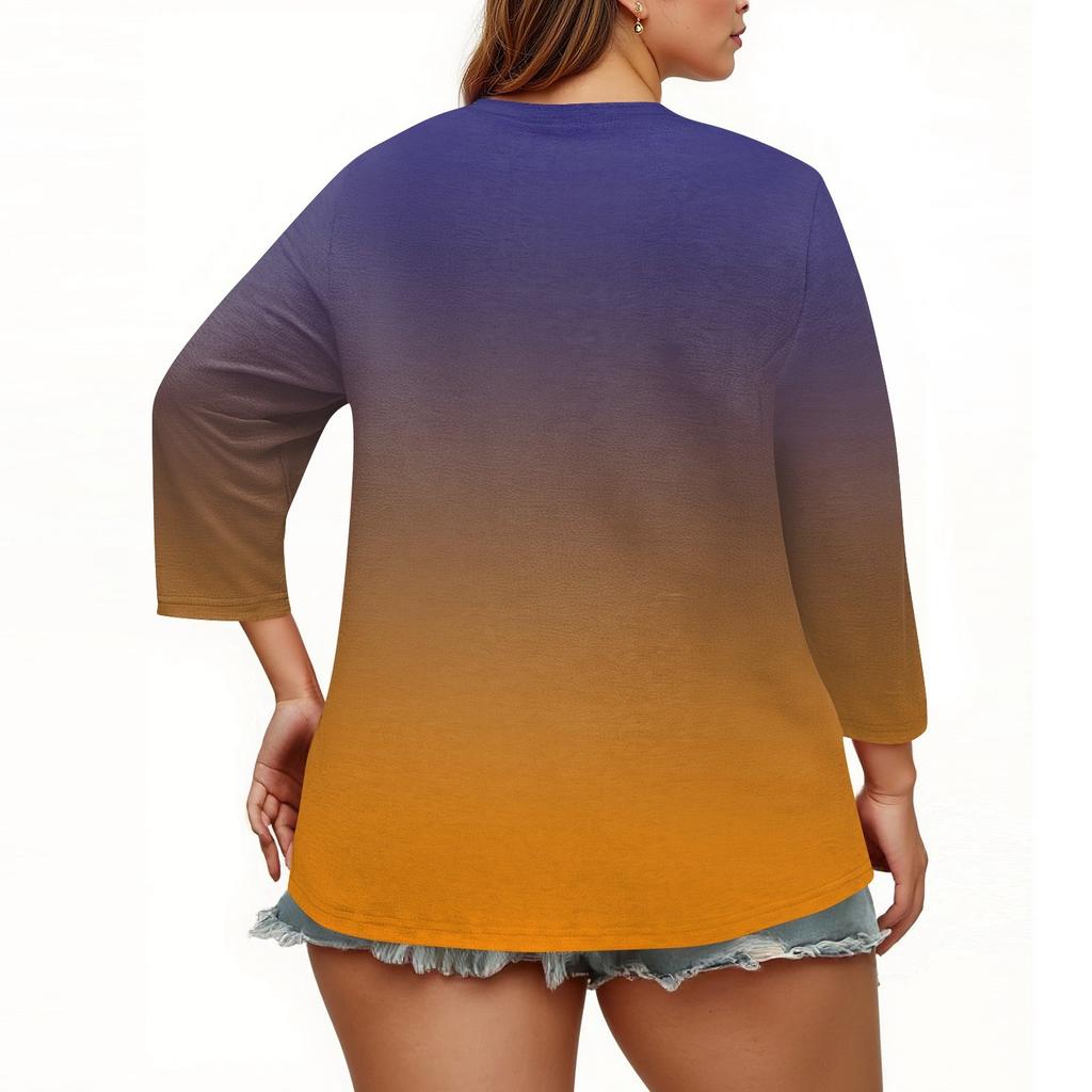 Womens 3/4 Length Sleeve Tops Plus Size Button Down V Neck Shirts Blouses Casual Printing Loose