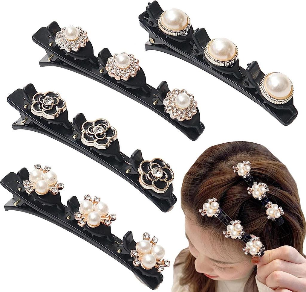 BellaStella Korean Style Sparkling Crystal Stone Braided Hair Clip With 3 Small Pearl Black Flower Hair Clip For Girls & Women Pack Of 4 Pcs
