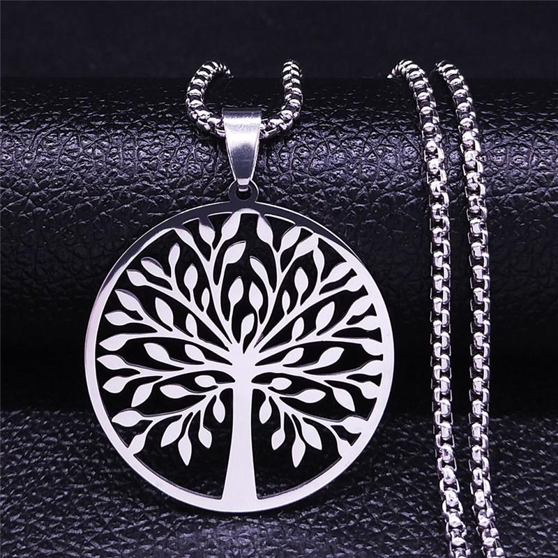 Tree of Life Stainless Steel Fashion Necklaces Women Statement Necklace Silver Color Chain Necklace Jewelry Bayan Kolye N7057S01