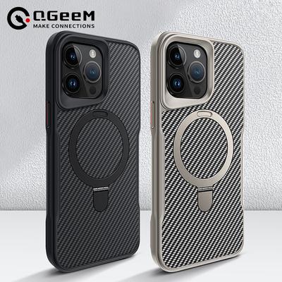 Luxury Soft Rubber Frame Magsafe Phone Case For iPhone 13 15 12 14 16 Pro Max Metal Bracket Carbon Fiber Textured Backplate Case