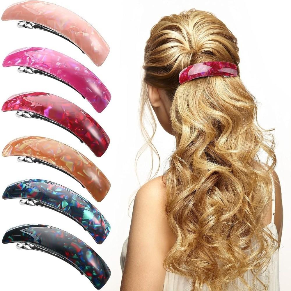 

6PCS Retro Acrylic Acetate Hairpin Oval Shape Colorful Design Spring Clips Large Size Hair Accessories Ponytail Holder