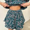 2024 Summer Women's Casual Print Set: Lotus Leaf Short Sleeve Round Neck Top & Shorts Pajamas