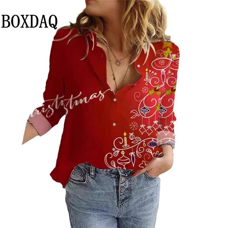Women's Blouses Christmas 3D Printed Shirts Autumn Winter Fashion Long Sleeve Funny Cute Santa Claus Casual Button Tops