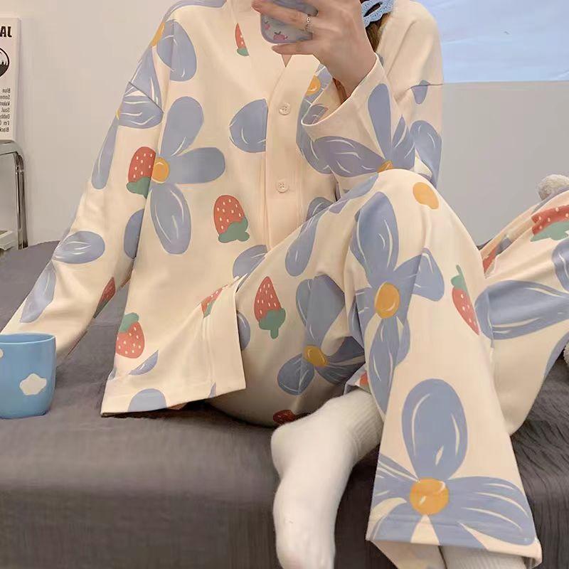 New Style Pajamas for Women in Spring and Autumn, Long Sleeved Pants, Loose Cardigans, Cartoon Home Clothes