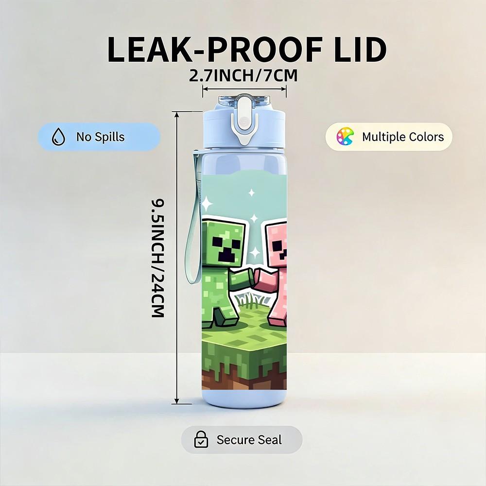 1PC Minecraft Cartoon Character 750ml Color Plastic Sports Water Bottle Leakproof Flip Straw Lid Suitable for Sports Office Home Use