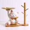 Lucky Cat Figurine with Bamboo Tray Stand, Resin Maneki Neko Decorative Storage Holder Key Plate Doorway Centerpiece