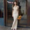 French Floral Print Square Neck Mermaid Women's Slim Ruffle Sleeve Vacation Party Long Dress