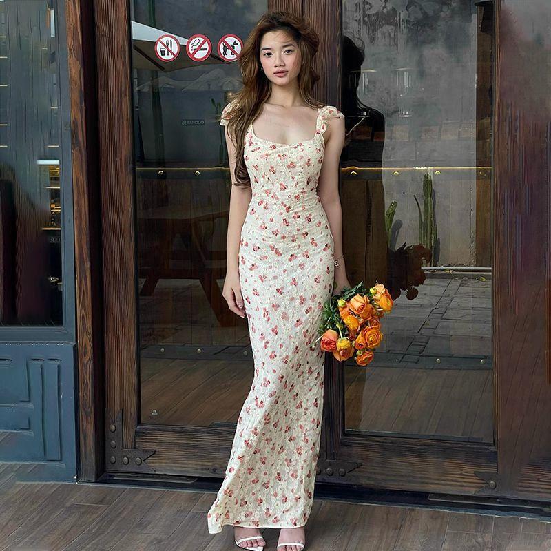 French Floral Print Square Neck Mermaid Women's Slim Ruffle Sleeve Vacation Party Long Dress