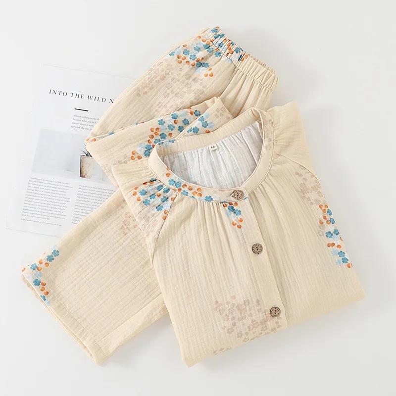 Cotton Double-layer Gauze Pajamas Women's Spring and Autumn Thin Round Neck Long-sleeved Loose Loungewear Set