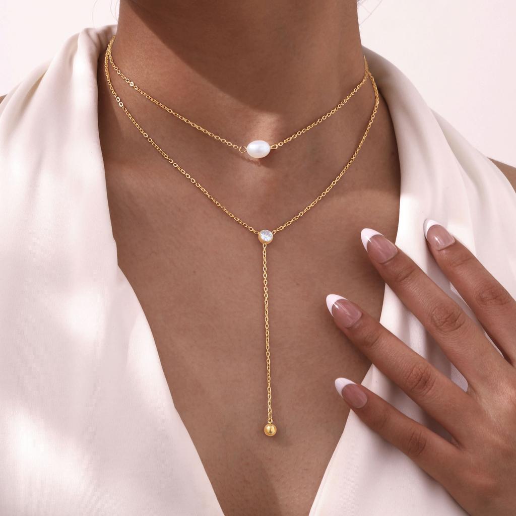 Titanium Steel Jewelry, Stainless Steel Double Chain Zircon Y-Shaped Necklace Wind Ladies Necklace Nc-1975