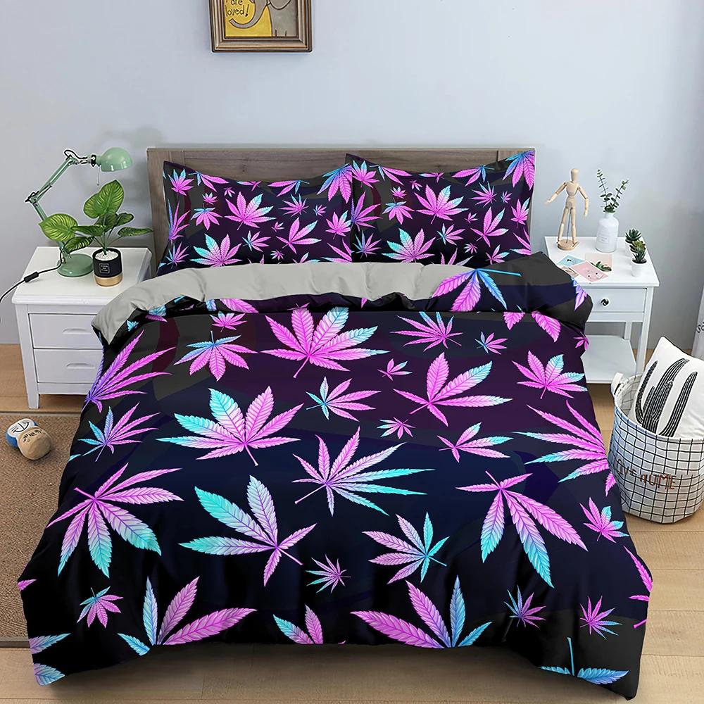 Maple Leaves King Queen Bedding Set Psychedelic Weed Leaf Duvet Cover Colorful Stripes 2/3Pcs Polyester Quilt Cover