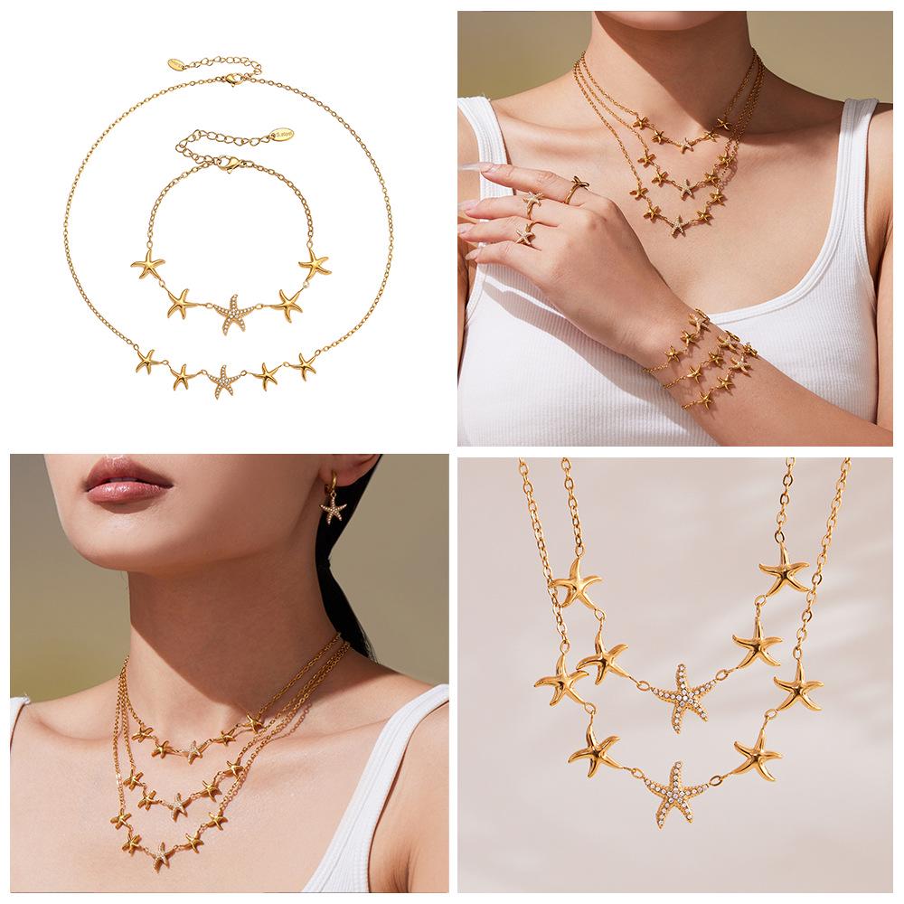 18K Gold-Plated Stainless Steel Star & Diamond Beach Vacation Jewelry - Fade Resistant
