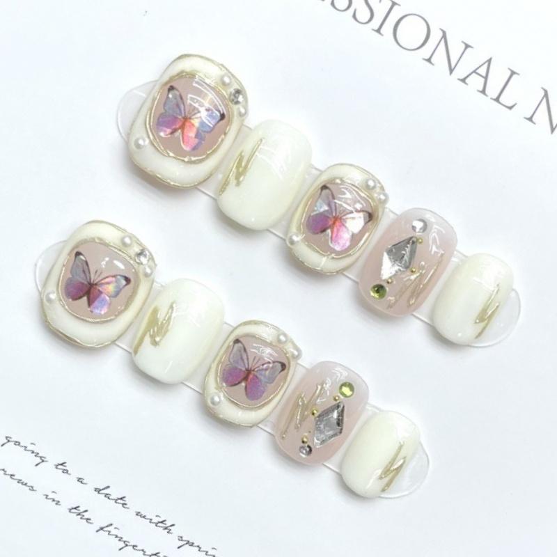 Baroque Butterfly Nail Stickers Pearl-encrusted Short Round Shape Sweet And French Style