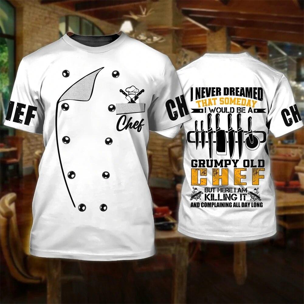 T-shirt de chef drôle pour hommes, loisirs, ustensiles de cuisine 3D, imprimé pour hauts à manches courtes à col rond, vêtements de créateur personnalisés, t-shirts surdimensionnés