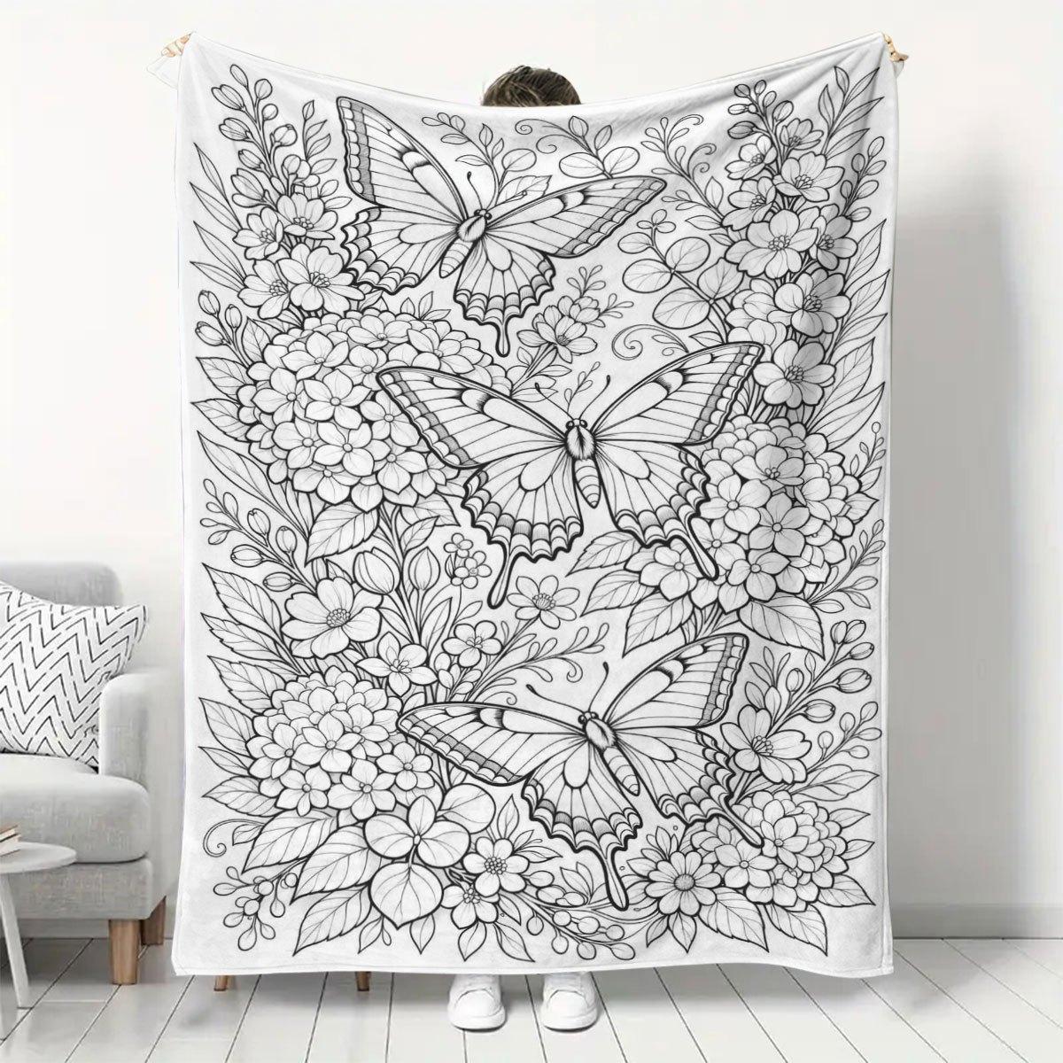 Exquisite Fashion Items Unisex Butterfly Floral Coloring Flannel Blanket, Soft Skin-Friendly Warm Throw For Adults Diy Relax For Couch Bedroom Nap