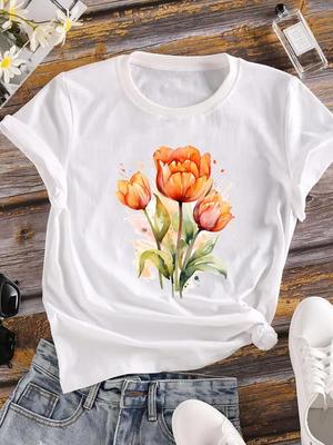 (Asian Size)  Short Sleeve T Shirt Casual Watercolor Lovely Flower 90s Tee Top Fashion Women Clothing Printed O-neck Ladies Female Graphic T-shirts