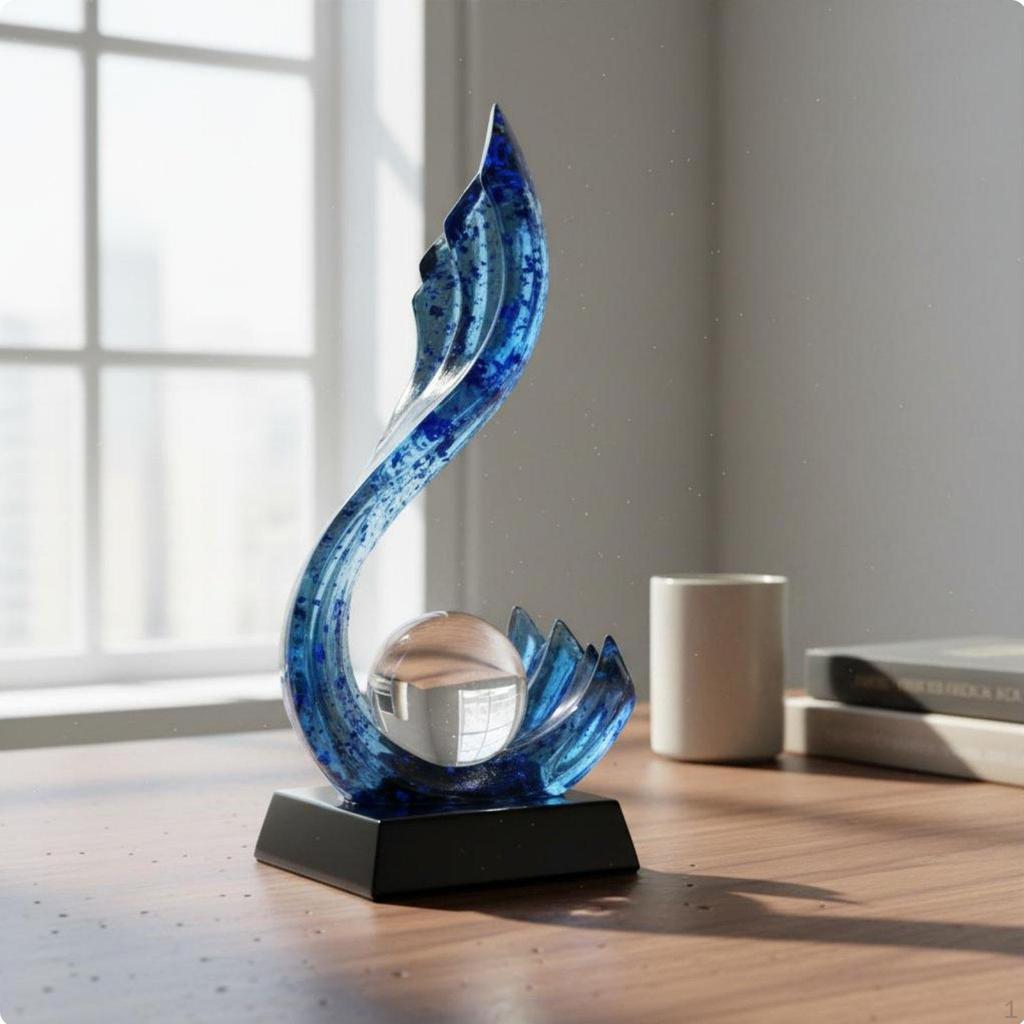 Blue Wave Statue with Crystal Ball Light Luxury Abstract Resin Sculpture Handcrafted Look Modern