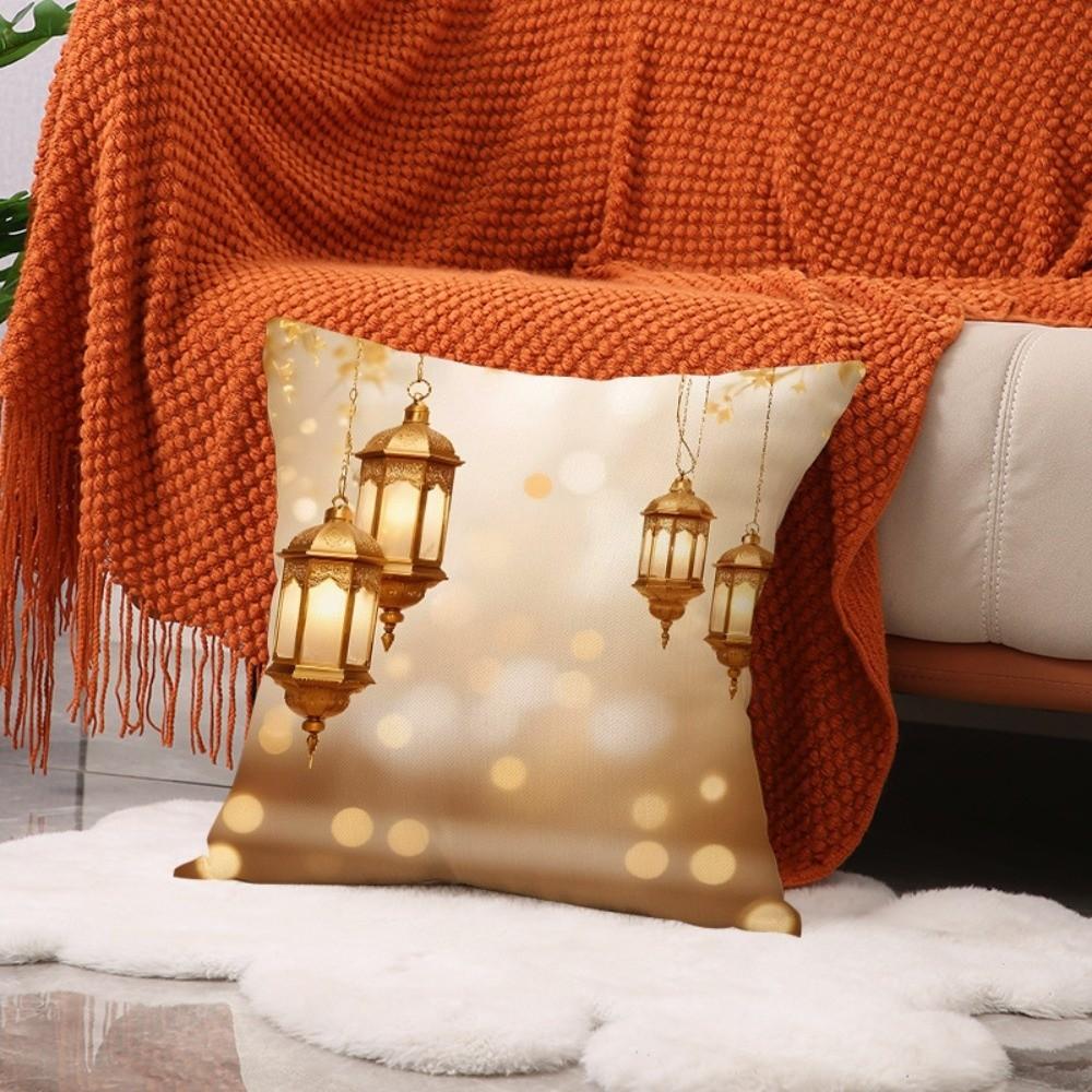Golden Moon EID Mubarak Pillowcase Decor Oil Lamp Printed Sofa Cushion Cover 45cm Pillow Cover Islamic Party Supplies