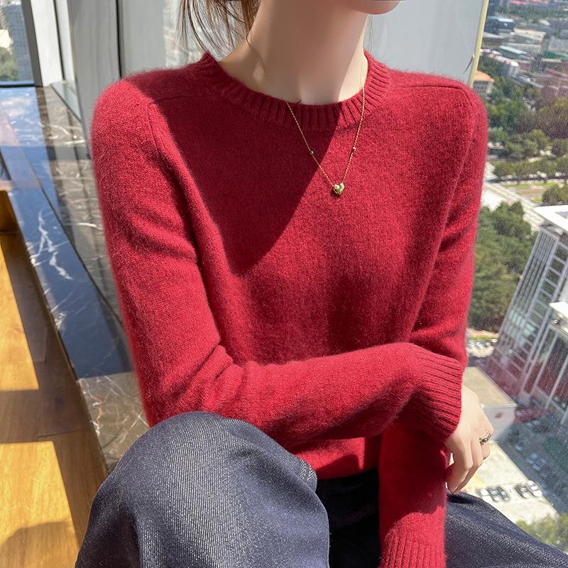 Women's Genuine Cashmere Seven-Gauge Thick Saddle Shoulder Round Neck Loose Solid Color Knit Sweater Base Layer