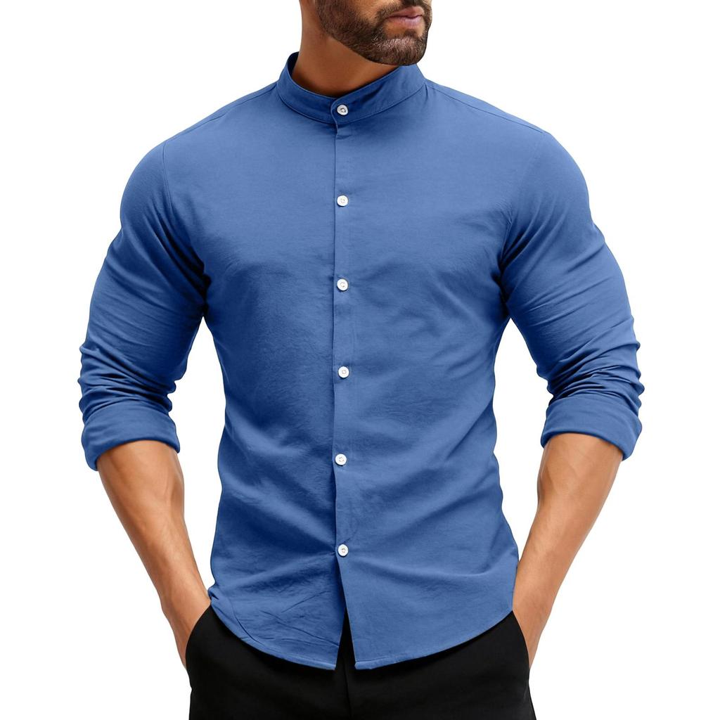 Herren Casual Einfarbig Stehkragen Knopf Strickjacke Herren Casual Langarm Baumwollhemd