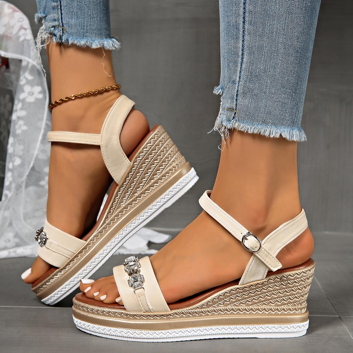 

Модные сандалии-клинья с блестящей хрустальной цепочкой для женщин, модные туфли на массивной платформе с ремешком на щиколотке, летняя обувь на толстой подошве, нескользящая, размер 35 43