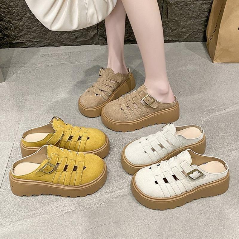 College style bag head half drag women's summer new hollow one pedal lazy shoes platform slippers