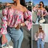 Koszula Damska Odkrywająca Ramiona Rozkloszowany Długi Rękaw Design Pulowerowe Topy Kwiatowy Nadruk Luźny Krój Koszula Casual Odzież Biurowa