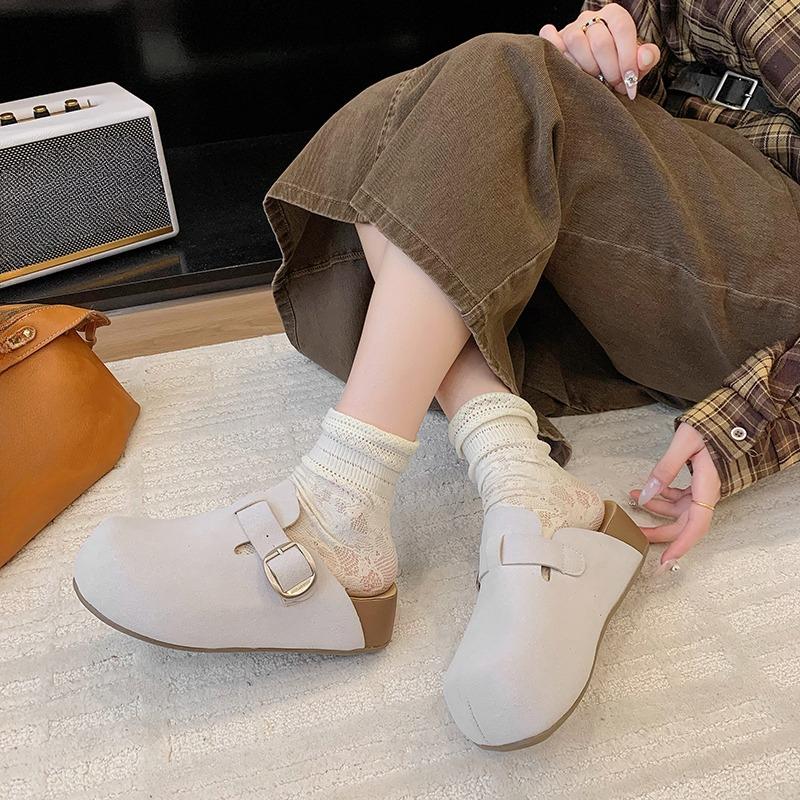 Fashion Flannelette Wrapped Slippers Autumn New Round Toe Deep Mouth Metal Belt Buckle Non-slip Platform Flats