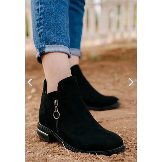 Kadın  Süet Fermuarlı Düz Taban Yarım Kışlık Bot