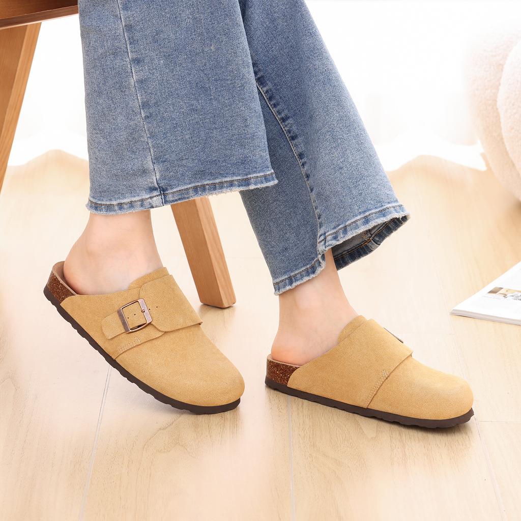 Fashion Crestar New Women Clogs Soft Cow Suede Leather Clogs Retro Classic Cork Mules Slippers With Adjustable Buckle Men Beach Sandals