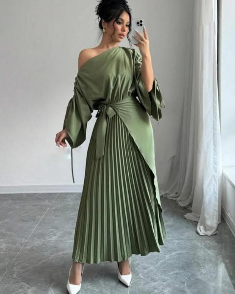 

2025 осень и зима женская одежда плиссированный маятниковый пояс вечернее платье L зелёный