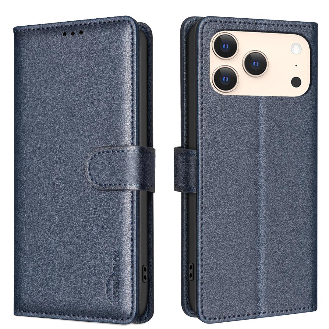 

For iPhone 17 Pro Max Leather Case BINFEN COLOR BF32 Wallet RFID Blocking Phone Cover Blue