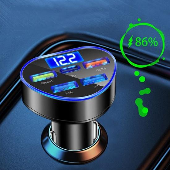 66W USB Phone Charger Type C QC 3.0 Fast Charging LED Car Interior Accessories