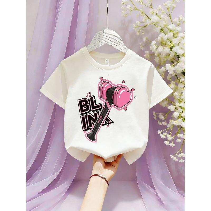 European sizes BLINK Pink Heart Support T-Shirt Casual Sports Breathable Top Round Neck Short Sleeve Summer Cartoon Pattern 110 белый