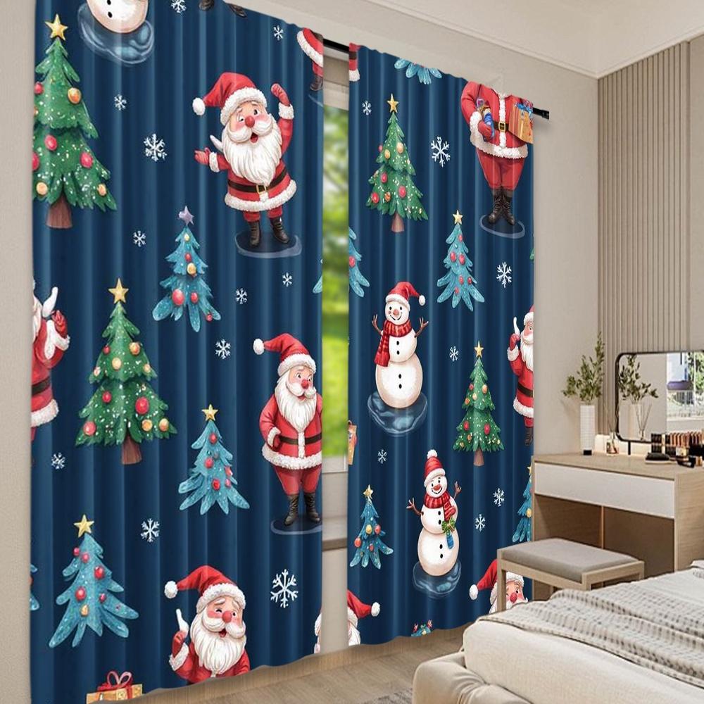 2pcs 2D flat printing Christmas Window Curtains Blue Cartoon Santa Claus Fabric Without Electricity Birthday Party Perfect for