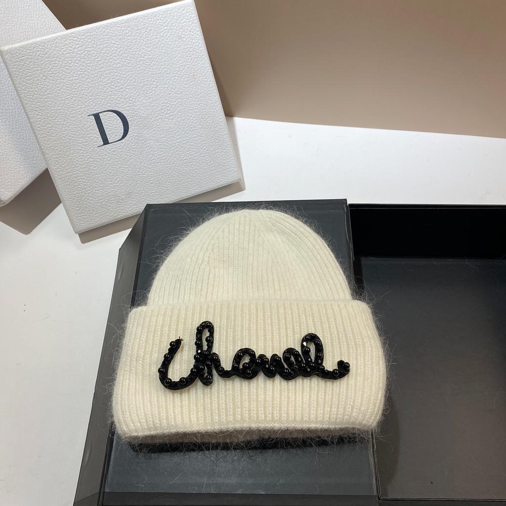 Pearl Hat Rabbit Hair Warm Knit Hat Women's Fashionable Winter Cold Hat Increase And Lengthen Double Folded Edges Hat