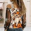 Women Plus Size Asymmetric Cold Shoulder Long Sleeve T Shirt Abstract Printed Sheer Floral Embroidered Sleeve