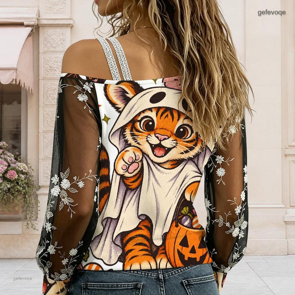 Women Plus Size Asymmetric Cold Shoulder Long Sleeve T Shirt Abstract Printed Sheer Floral Embroidered Sleeve